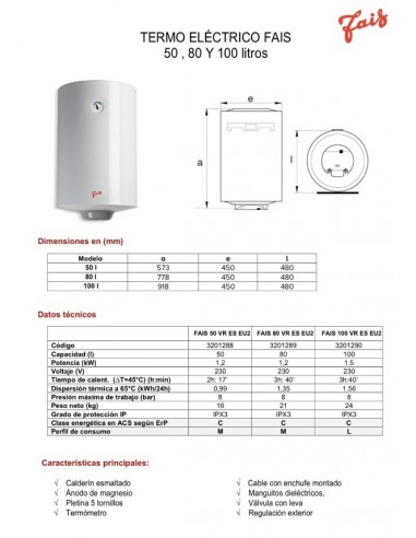 TERMO ELECTRICO FAIS VERTICAL 80 LITROS
