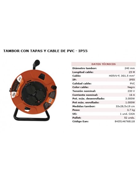 ALARGADERA ENROLLACABLE WESSER 25MTS  IP55 3X15MM²